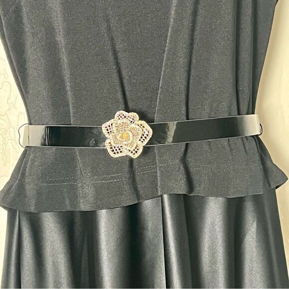 Silver Metal Crystal Camellia Flower Belt black patent Stretch Adjustable L WHBM main image 6
